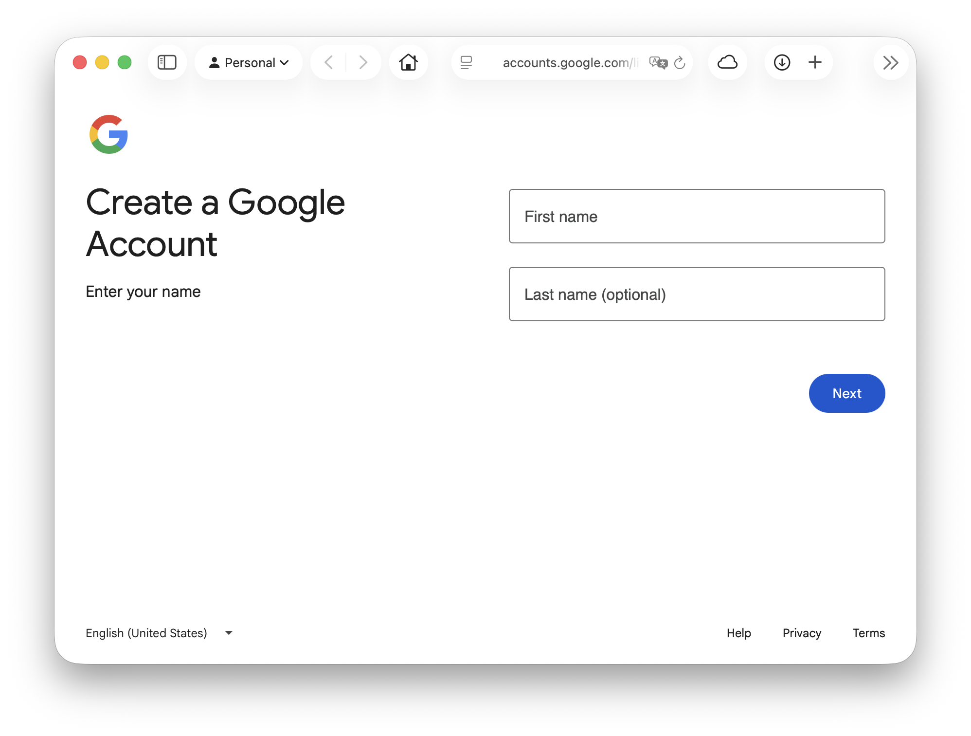 Google account creation