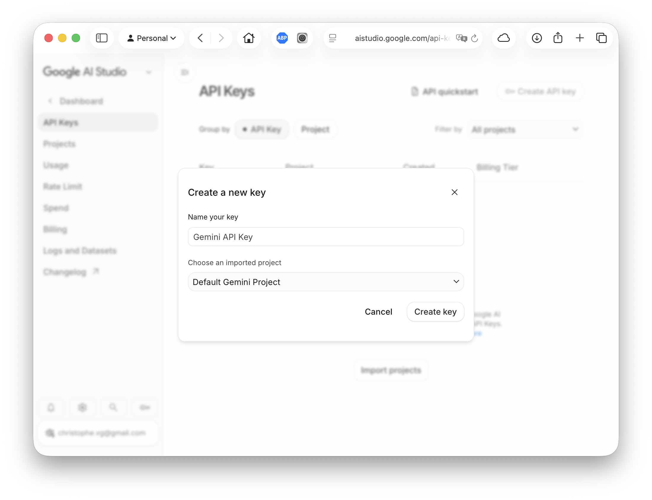 Google AI Studio API key creation