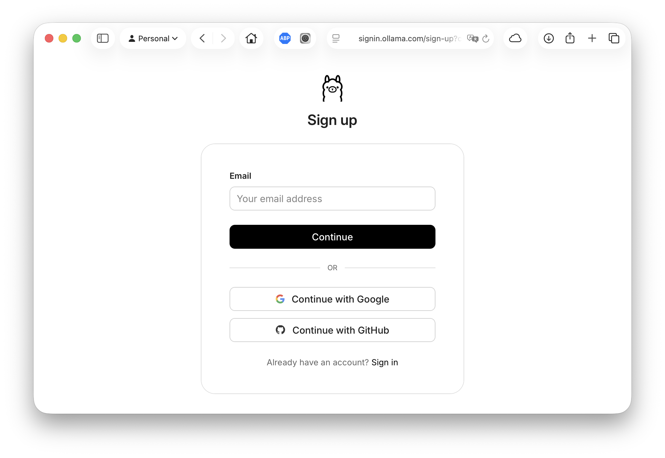 Ollama account creation - email